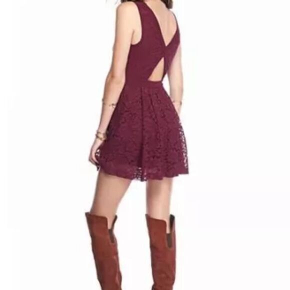 Free People Lovely In Lace Berry Fit & Flare Cut Out Back Dress - Picture 3 of 7